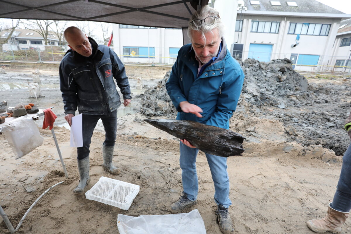 Een van de gevonden houten palen wordt getoond door archeoloog Erik Graafstal. Nils Kerkhoven kijkt toe. Foto: Ton van den Berg