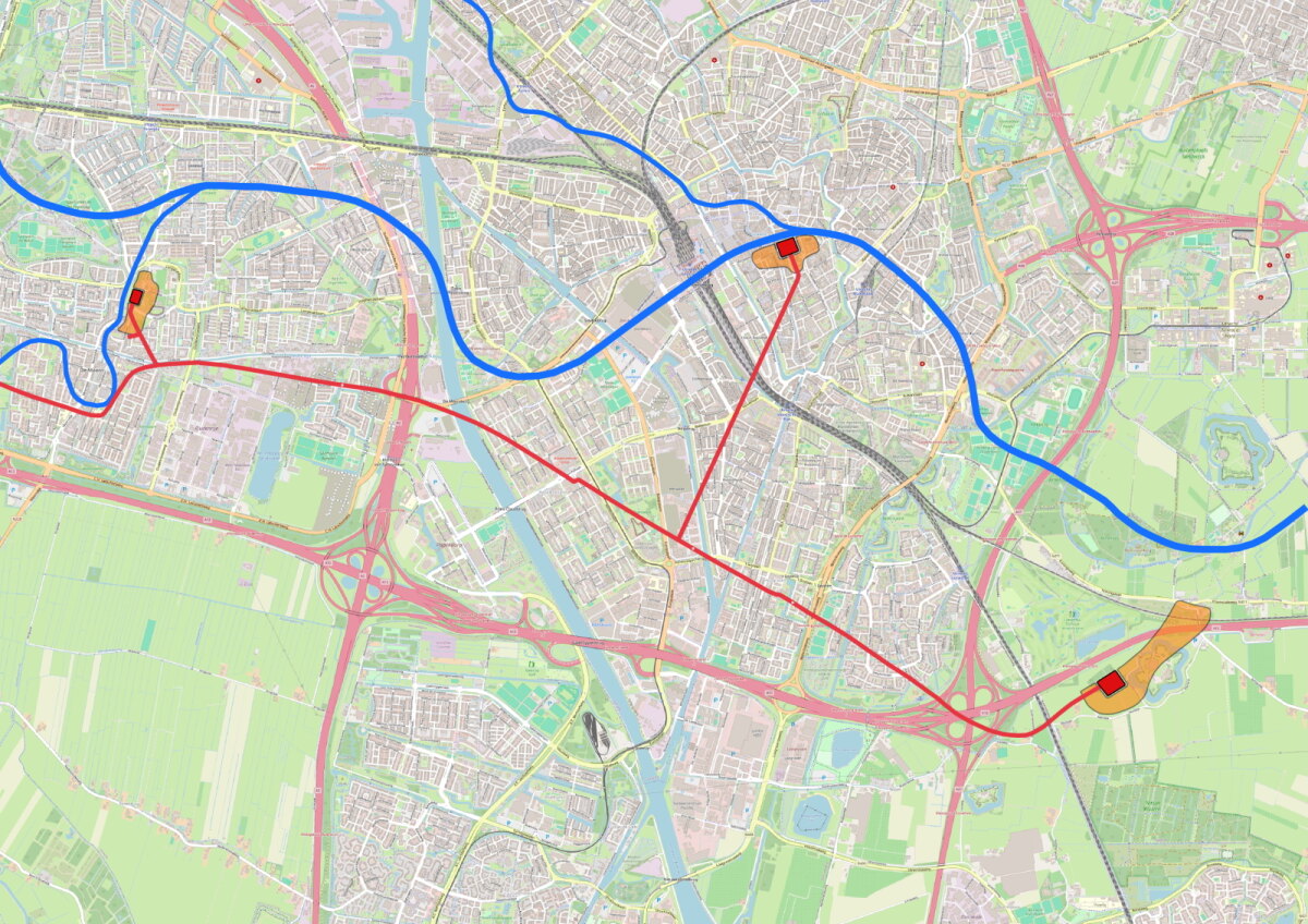 In het rood: de Limesweg tussen Castellum Hoge Woerd (links) en fort Vechten (rechts). In het midden de aftakking naar fort Trajectum in Utrecht-centrum (afbeelding: Erfgoed Utrecht)