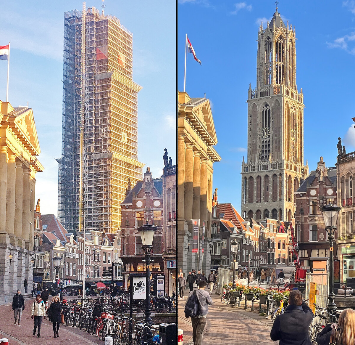 De Domtoren, gefotografeerd door Edwin Lucas in 2020 en 2024, tijdens en na de restauratie