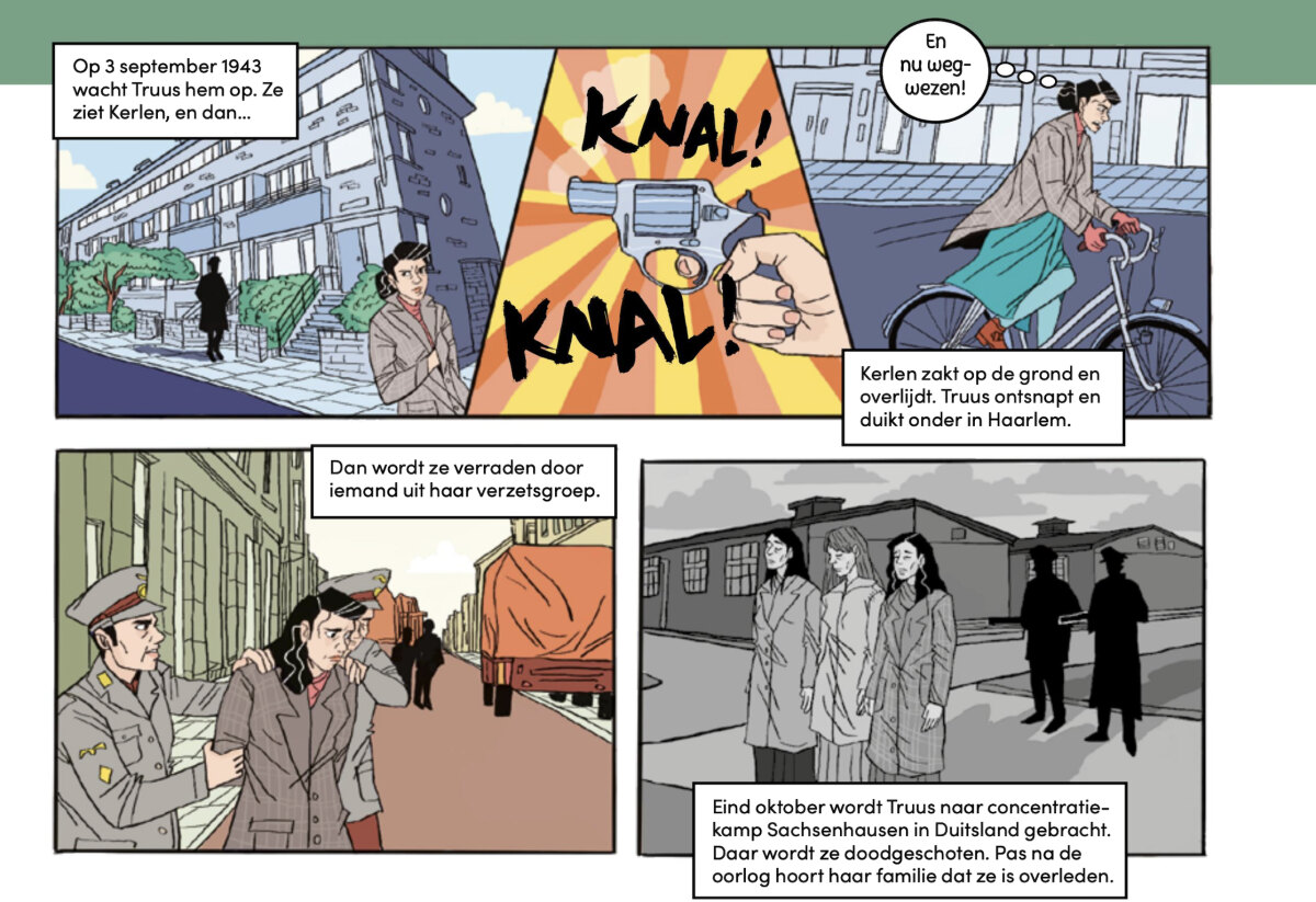 Enkele plaatjes uit de strip over Truus  (bron: 4 en 5 mei Denkboek)