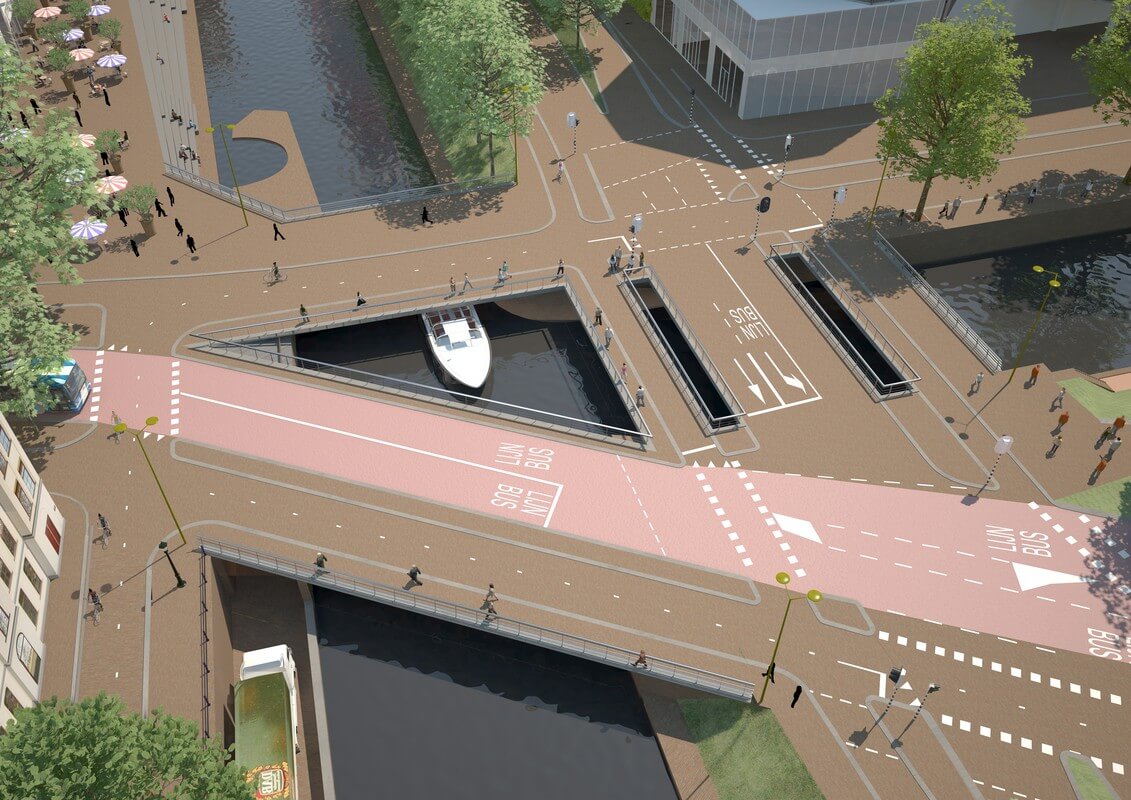 De verkeersknoop Vredenburg als die klaar is. Rechts van het midden het deel dat binnenkort klaar is voor autoverkeer. Foto: POS