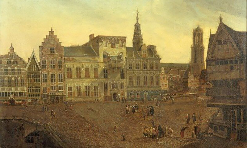 Schilderij van A. Honich met zicht op oude stadhuis Utrecht